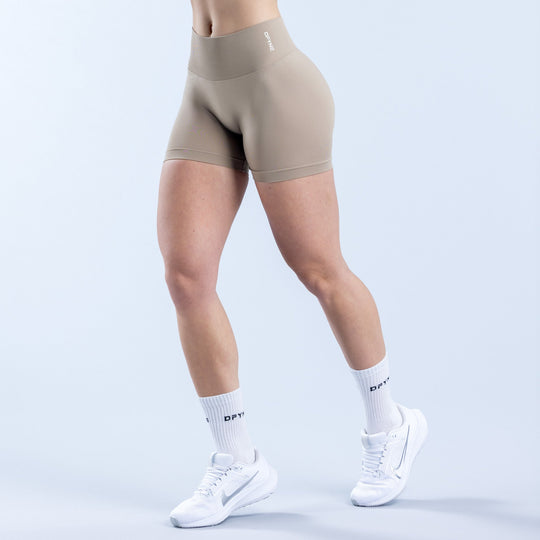 4.5-inch Defy athletic shorts, taupe, high-rise waistband and smooth fit