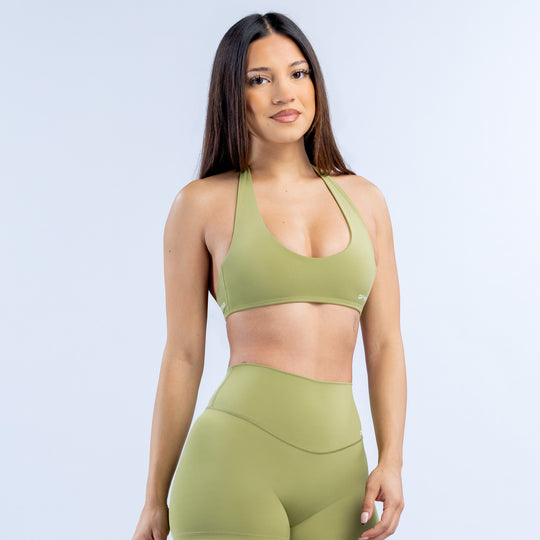 Olive green halter bra with open-back straps and smoothing stretch fabric