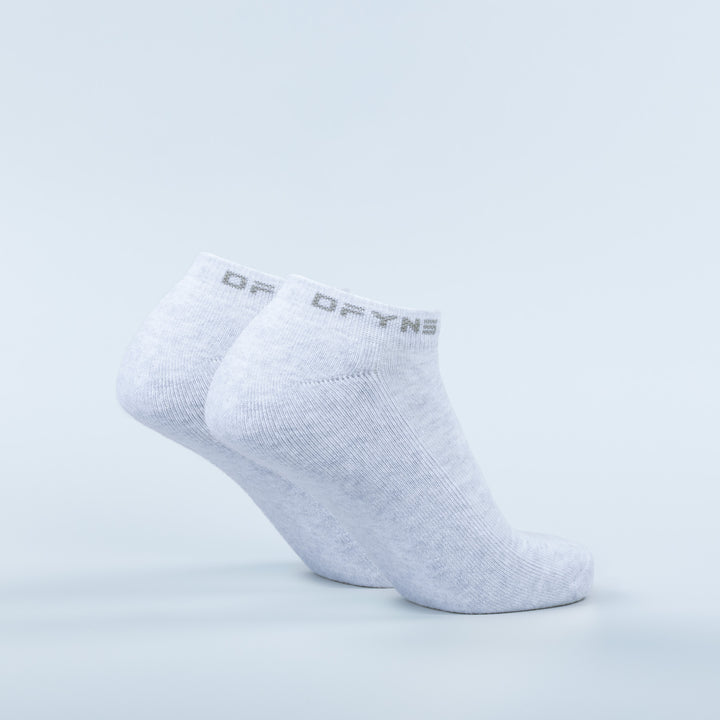 Light gray ankle socks with DT.FNS logo on cuff, single sock view