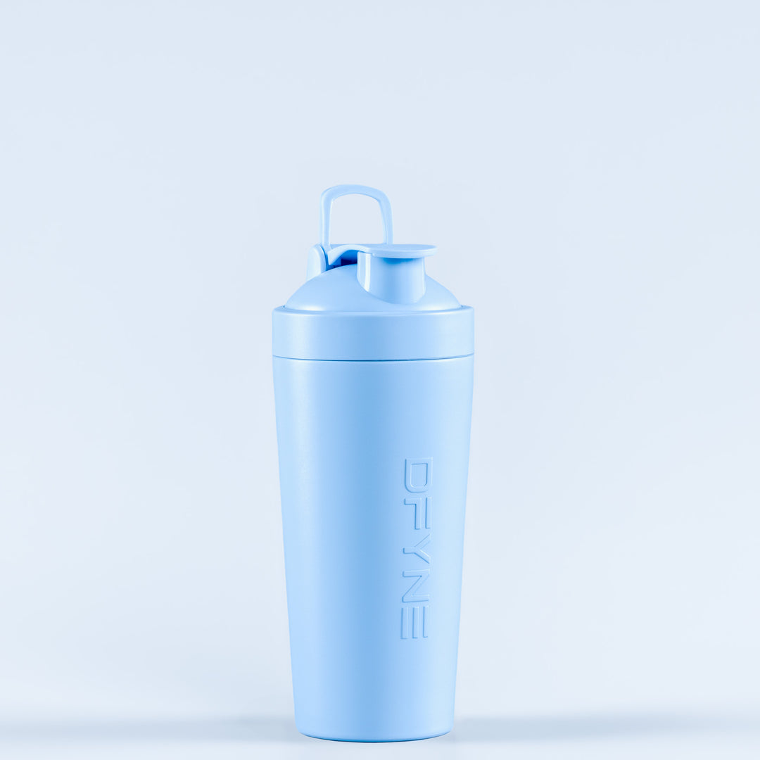 Blue shaker bottle with flip-top lid; vertical DELINE logo on side.