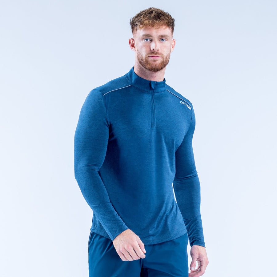 Men's blue quarter-zip long-sleeve pullover with zip-up neckline