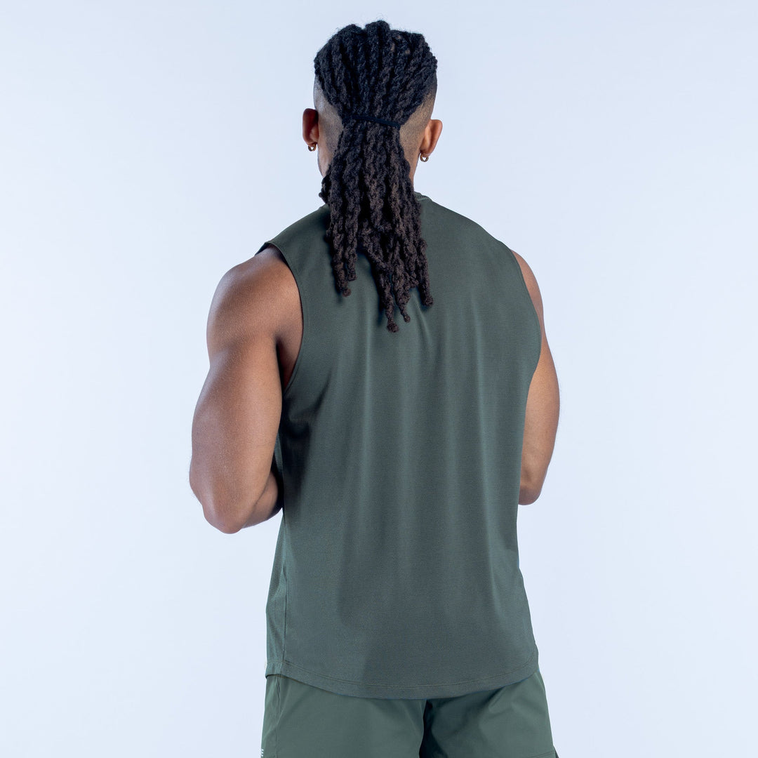 Dark green sleeveless back tank top, crew neck, no visible front logo