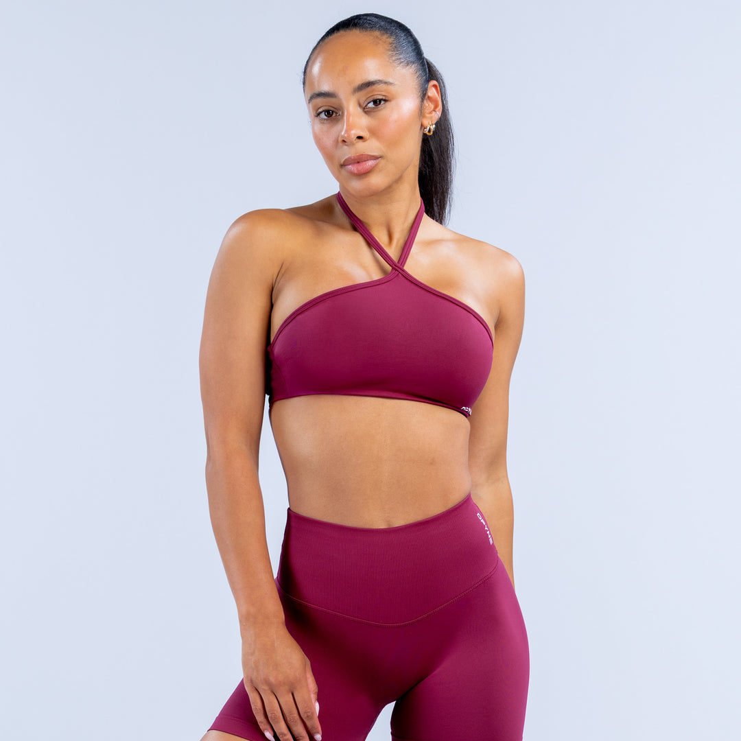 Dynamic high-neck halter bra in dark berry, high neckline with cross straps