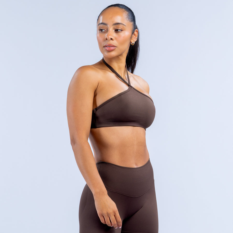 Dark brown high-neck halter bra with supportive front and halter strap