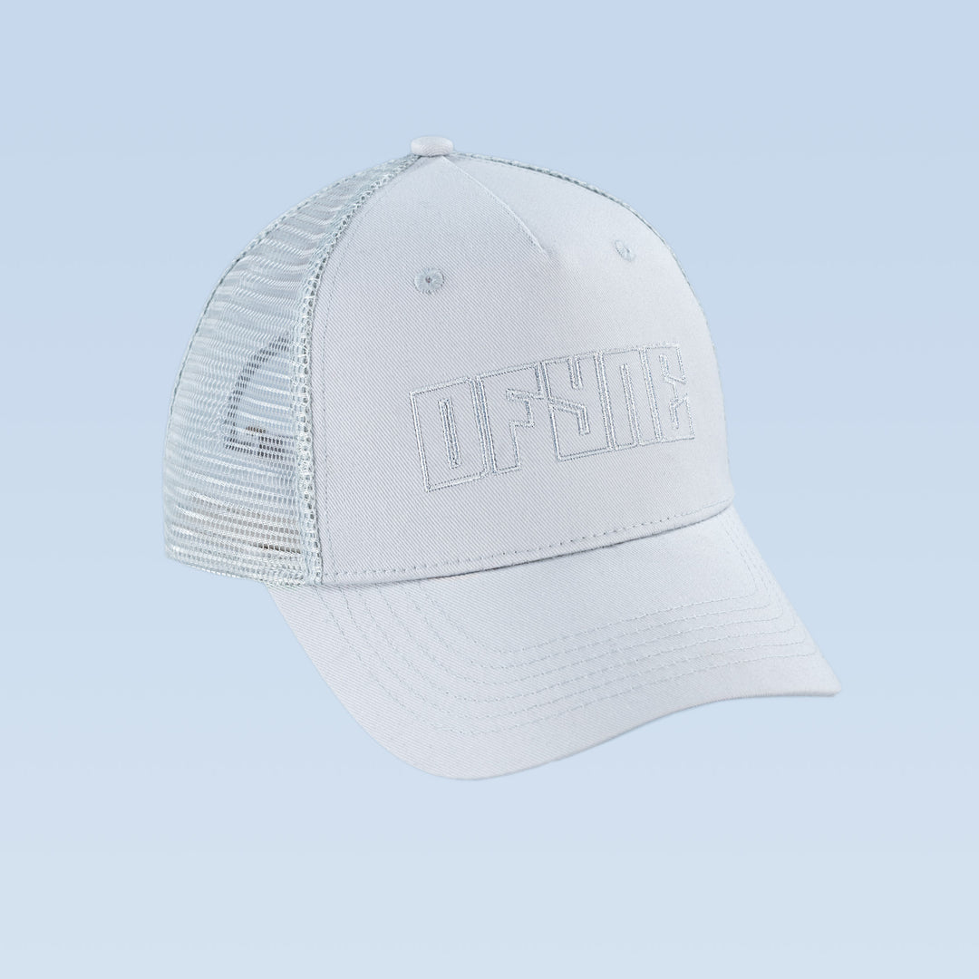 White trucker cap with front logo and mesh back panel, curved brim