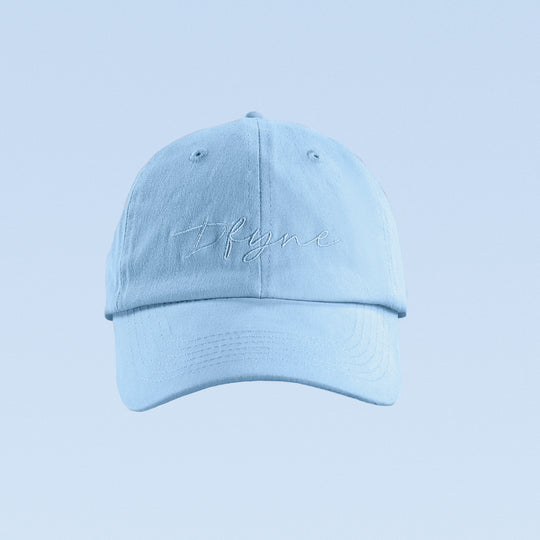 Light blue baseball cap with script logo front panel and curved brim