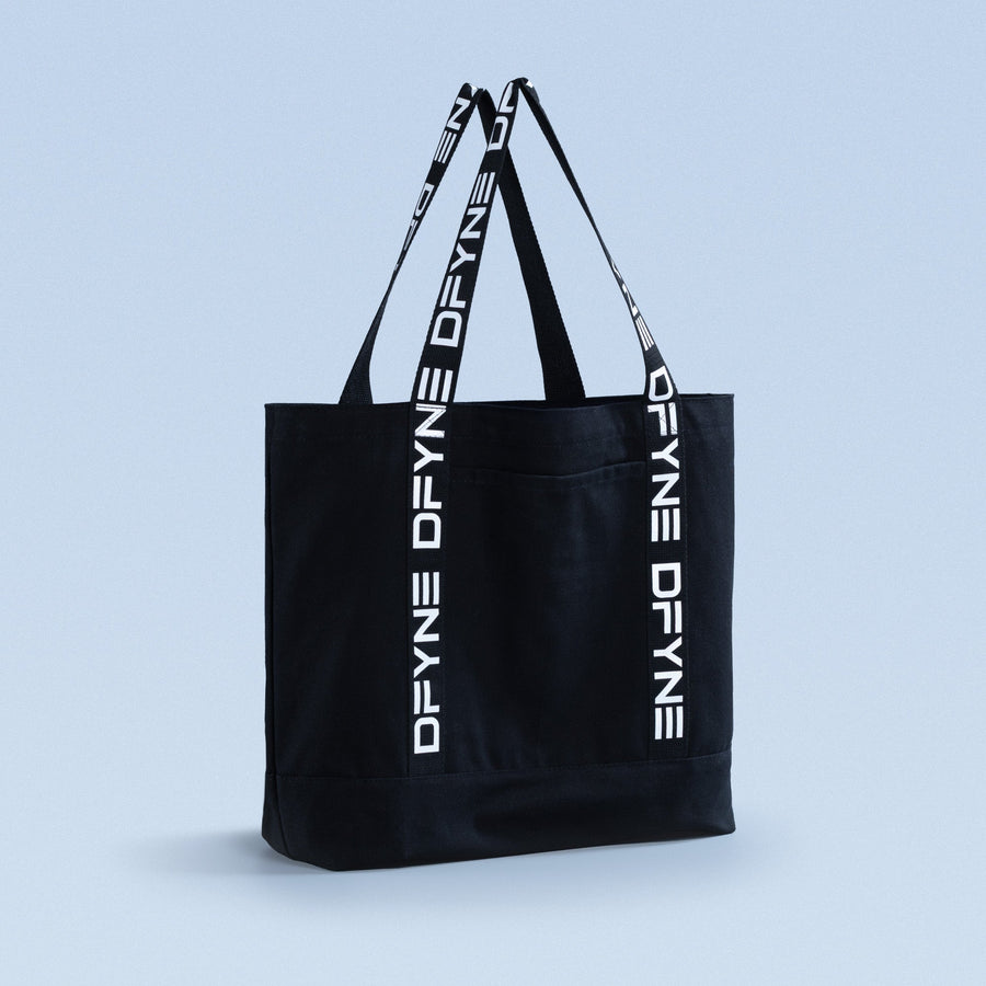 Black canvas tote bag, folded top and two logo strap handles