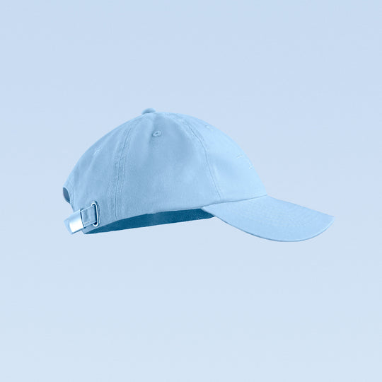 Light blue baseball cap with script logo, side buckle strap, and curved brim