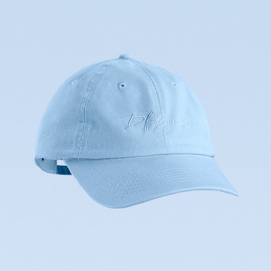 Light blue baseball cap with script logo embroidery and curved brim