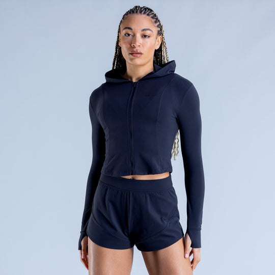 Navy hooded zip-up cropped jacket and athletic shorts set