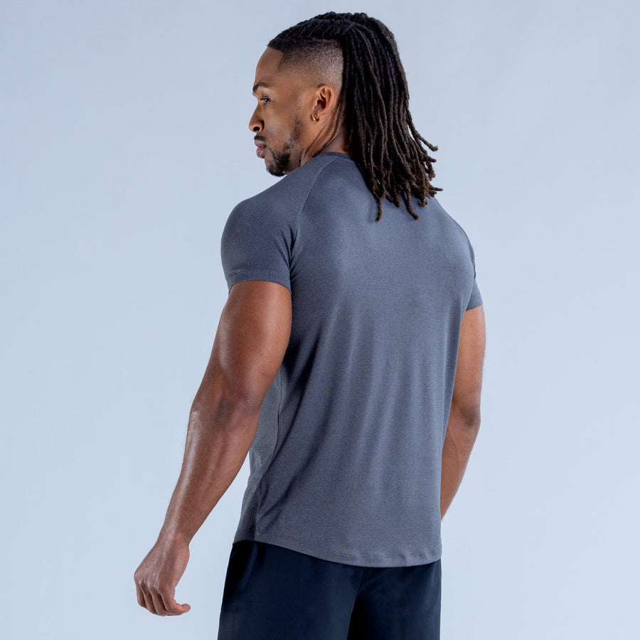 Men's training T-shirt, dark gray crew neck, side view with short sleeves