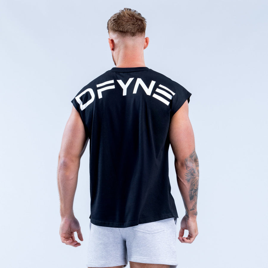 Black sleeveless crew-neck Signature tank with large DFYN back print and white stripes