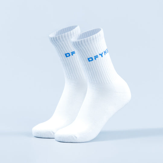 White crew socks with blue logo text on the front