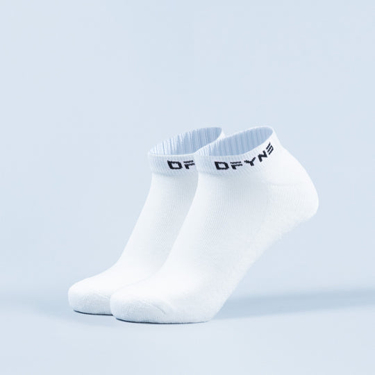 White ankle socks with black logo lettering