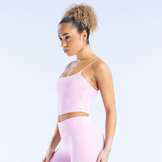 Origin strappy crop top side view with thin straps, light pink