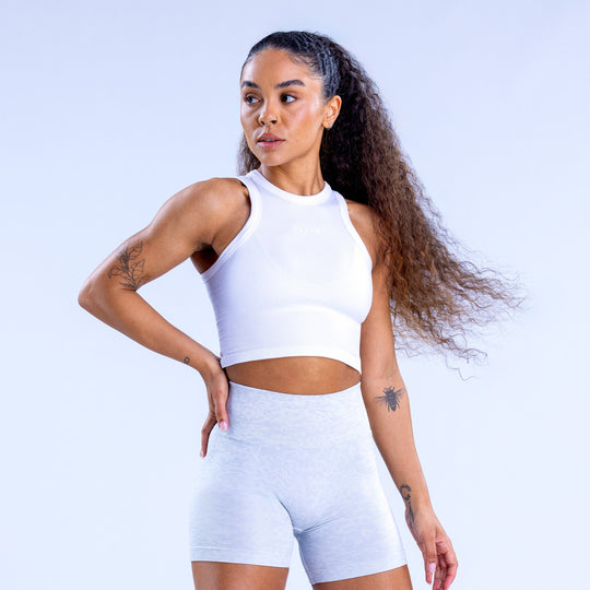 White racerback crop tank top, sleeveless athletic stretch fit
