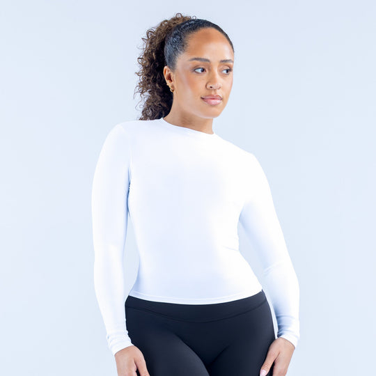 Fitted long-sleeve top in white with crew neck, long sleeves, back view