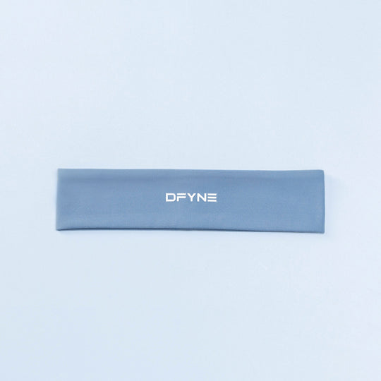 Blue-gray Origin headband flat with centered DFYNE logo