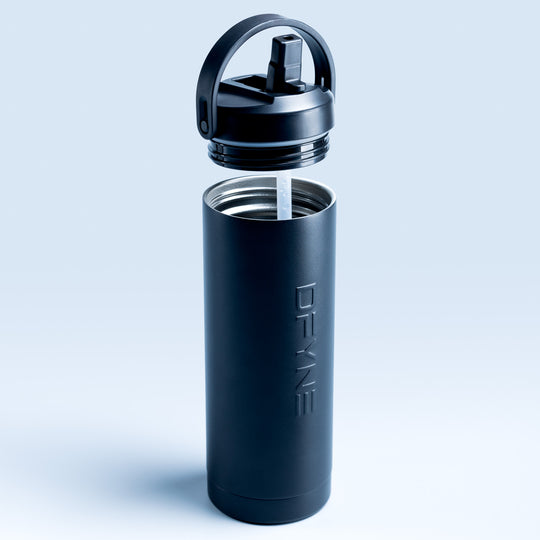 Black insulated water bottle with open lid and drinking spout