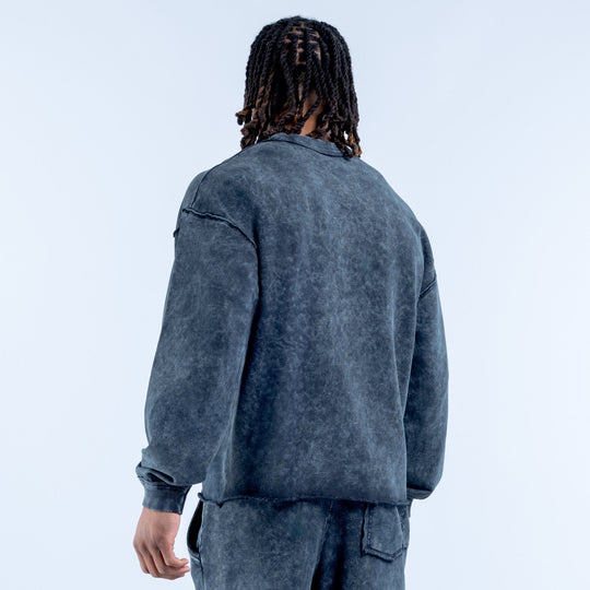 Washed crewneck sweatshirt, back view, long sleeves, dark blue-gray