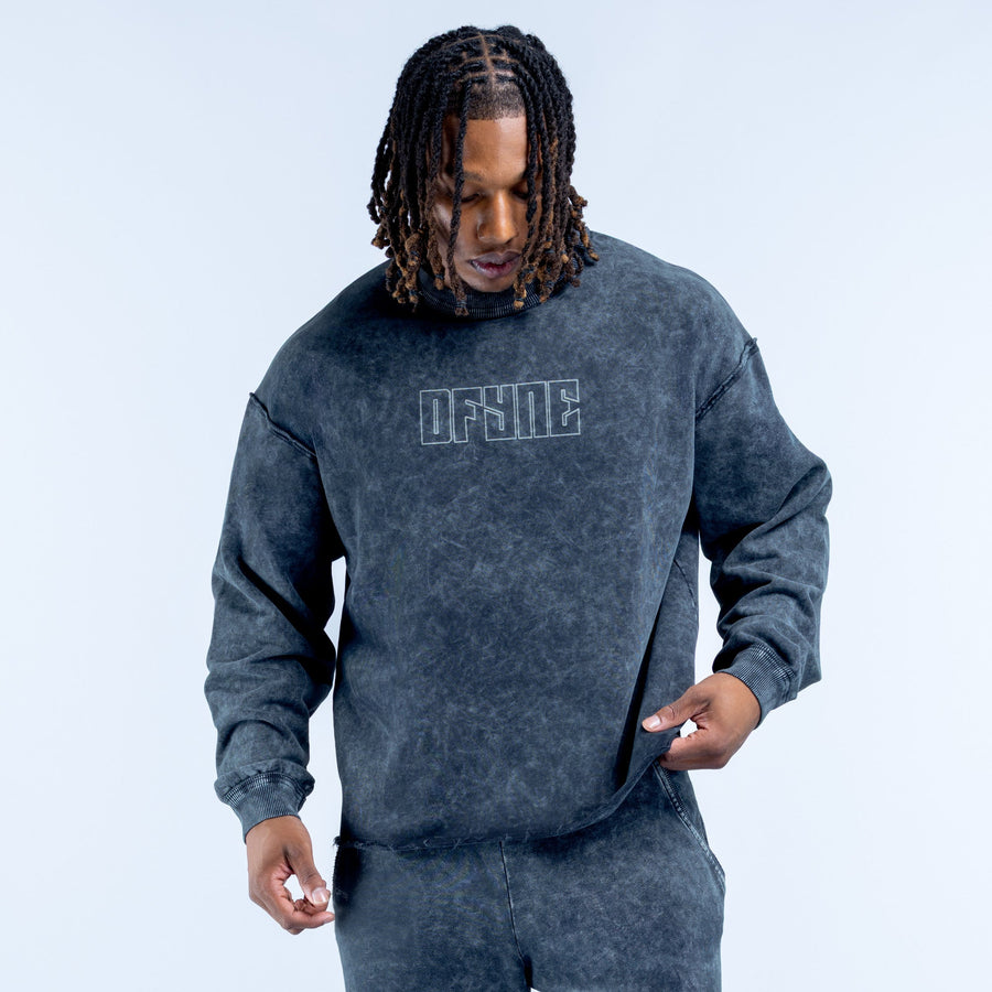 Washed crewneck sweatshirt with chest logo, long sleeves, dark blue-gray, relaxed fit