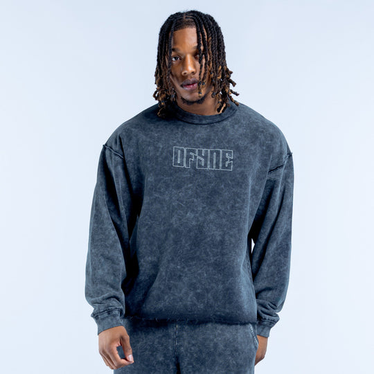 Washed crewneck sweatshirt with chest logo, long sleeves, dark blue-gray