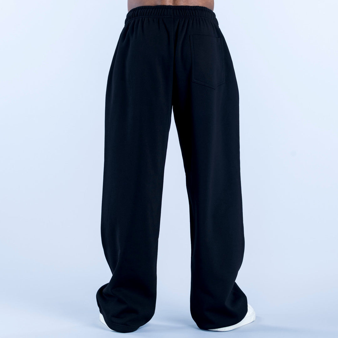 Dark straight-leg joggers with elastic waistband and back pocket