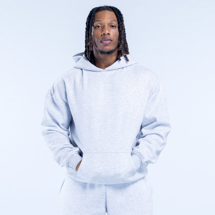 Light gray pullover hoodie with drawstring hood and kangaroo pocket.
