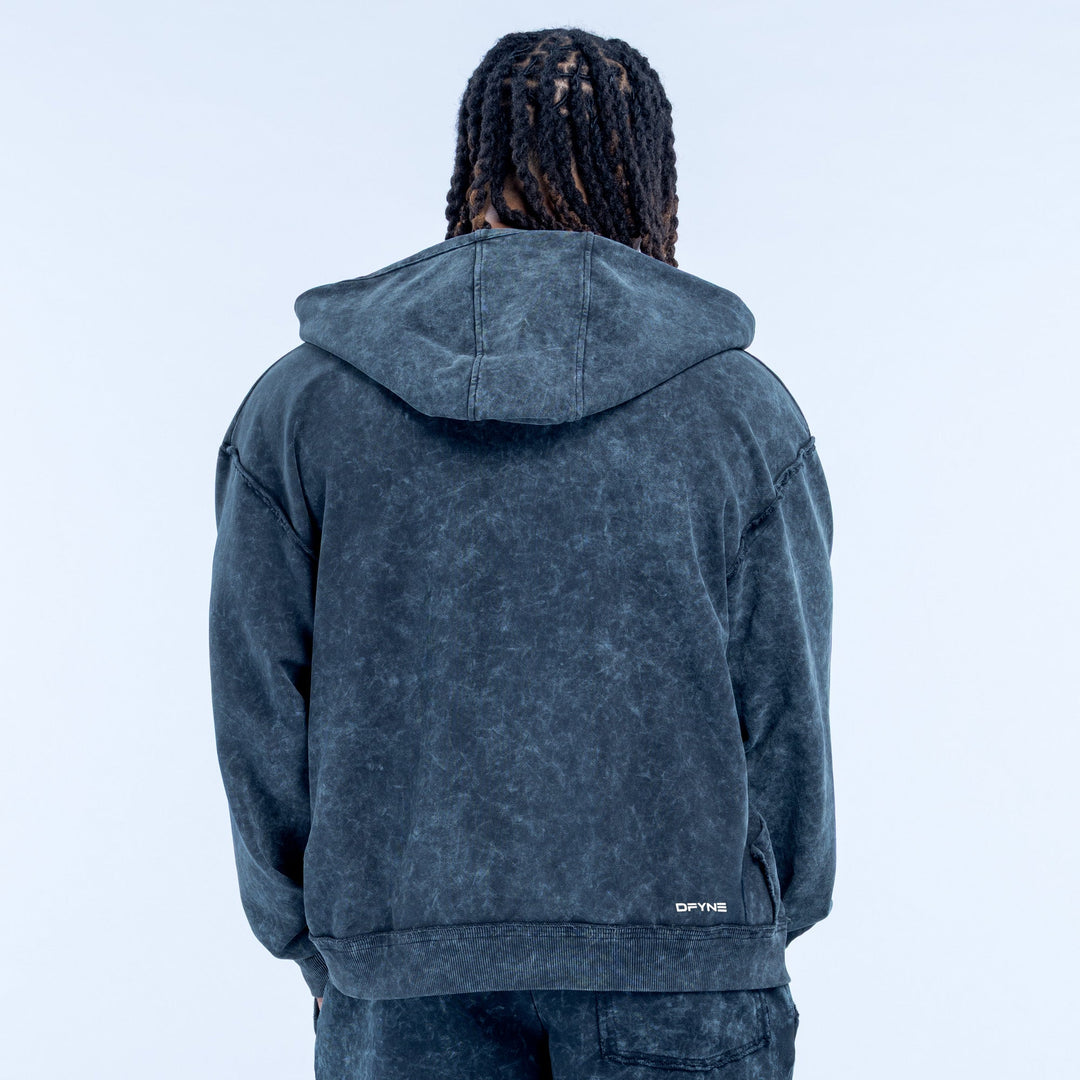 Back view of dark gray washed zip hoodie with hood