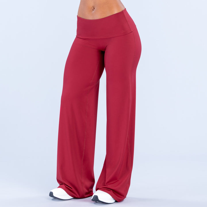 Burgundy fold-over wide-leg pants with high waist and straight wide legs