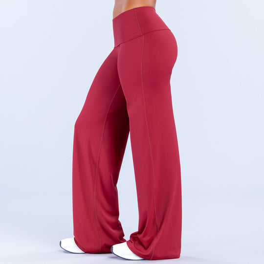 Burgundy wide-leg pants, side view, high waist with long drape and wide openings