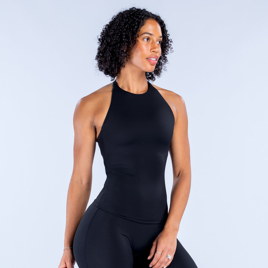 Black longline halter tank top with smooth high neck