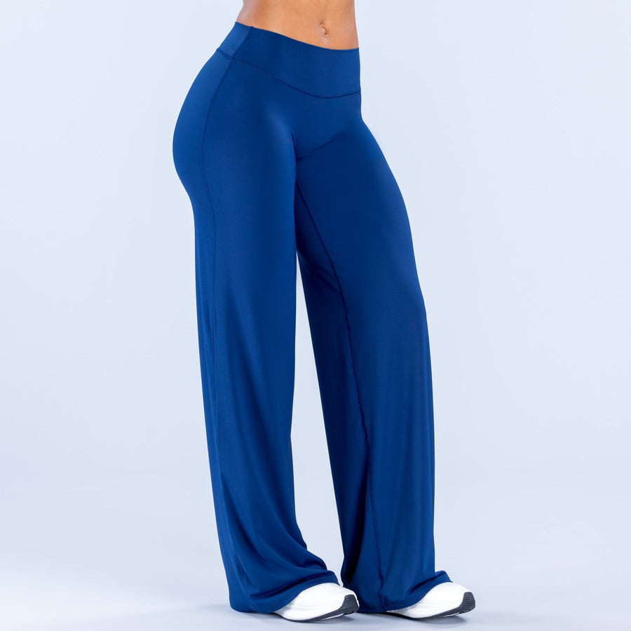 Blue wide-leg pants, front side view with high rise waistband and wide cuffs