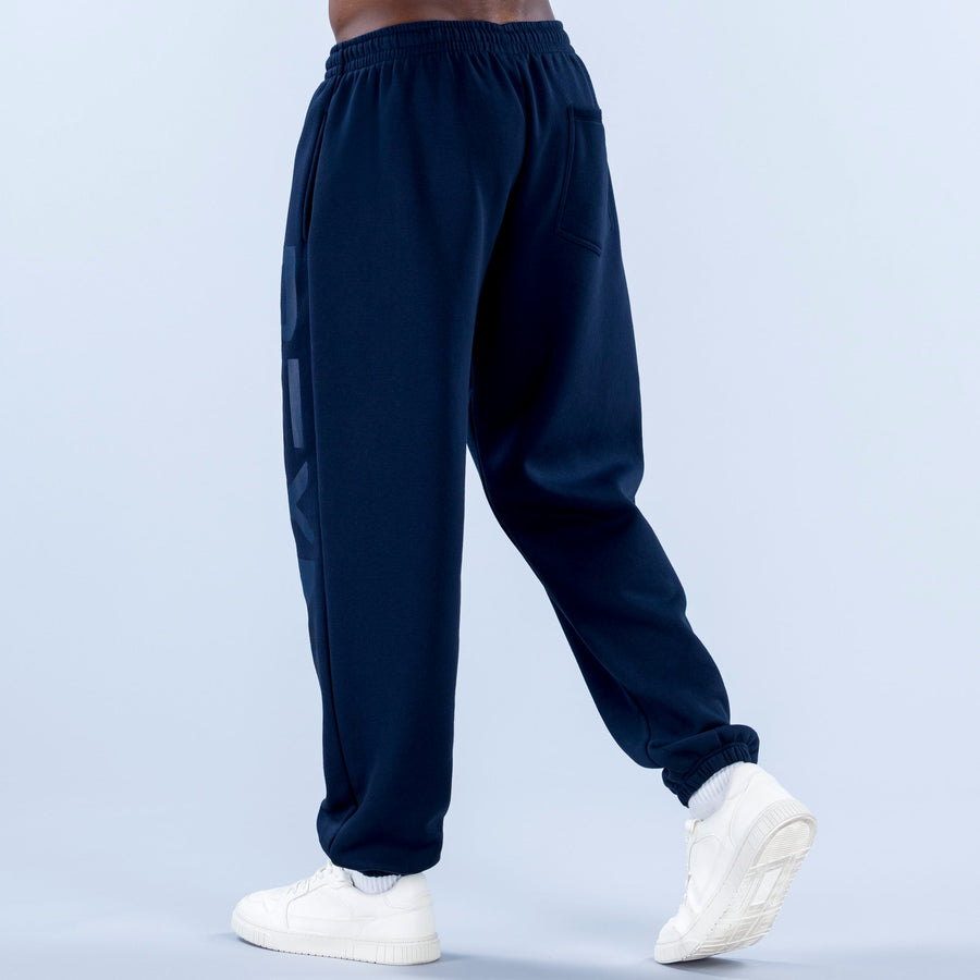 Navy cuffed jogger pants with elastic waistband and side graphic detail