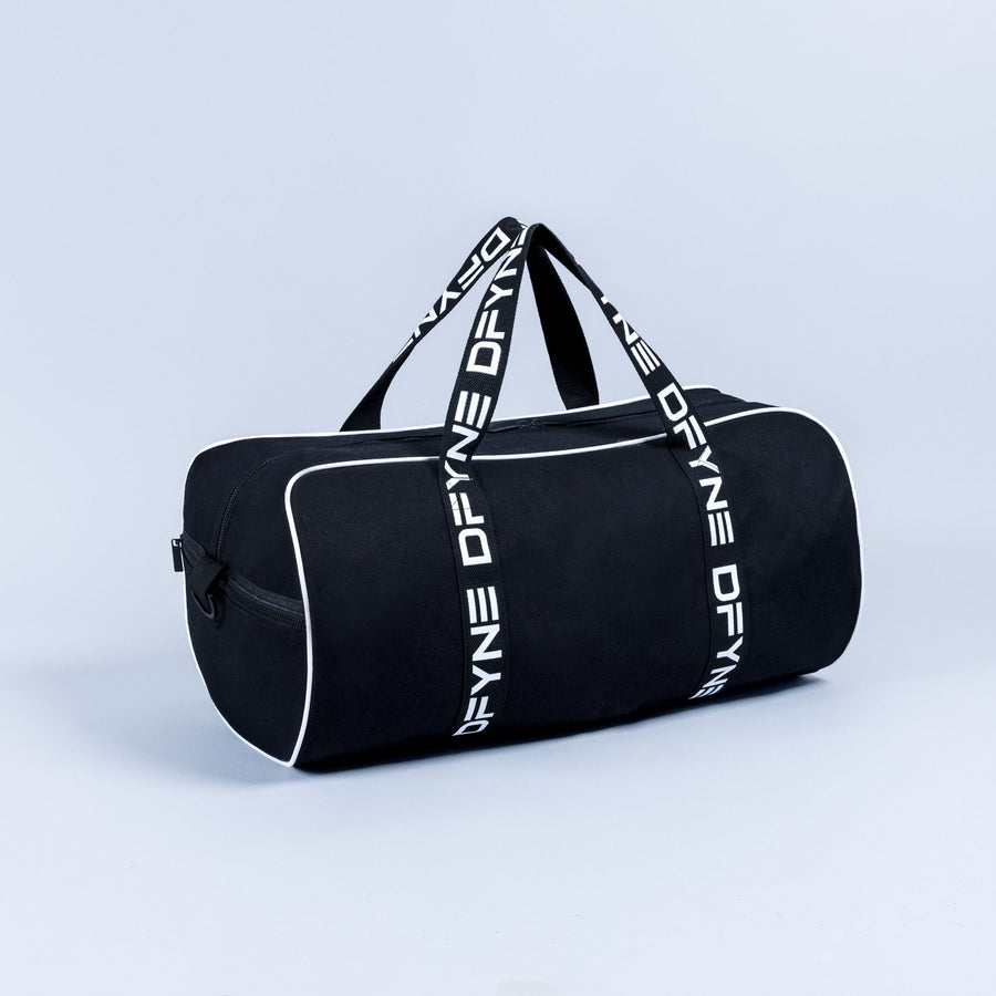 Black duffle bag with white logo webbing handles and light piping