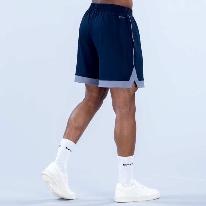 Navy jersey shorts with elastic waistband, light gray hem, relaxed fit