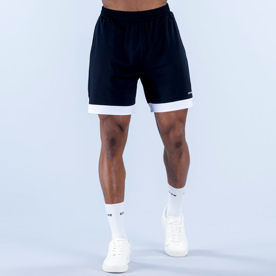 Navy jersey shorts with elastic waistband, white trim, side pockets