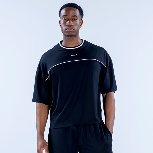 Black short-sleeve jersey with white trim and crew neckline; small chest logo