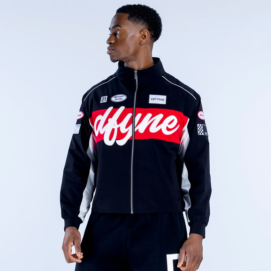 Black track jacket with red-and-white logo stripe across chest, full zip, stand collar