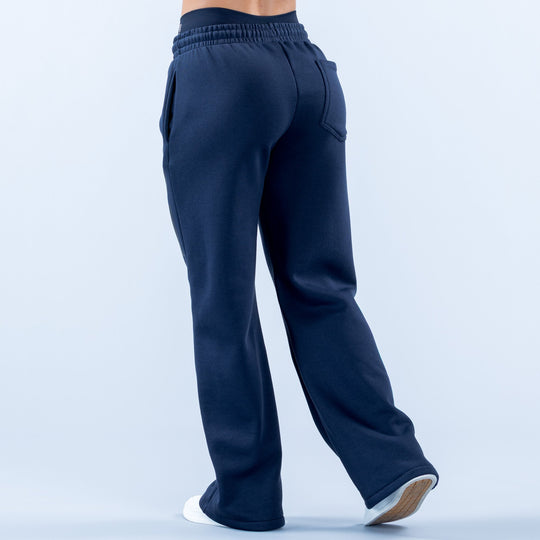 Dark navy wide-leg jogger pants with elastic waistband and back patch pocket
