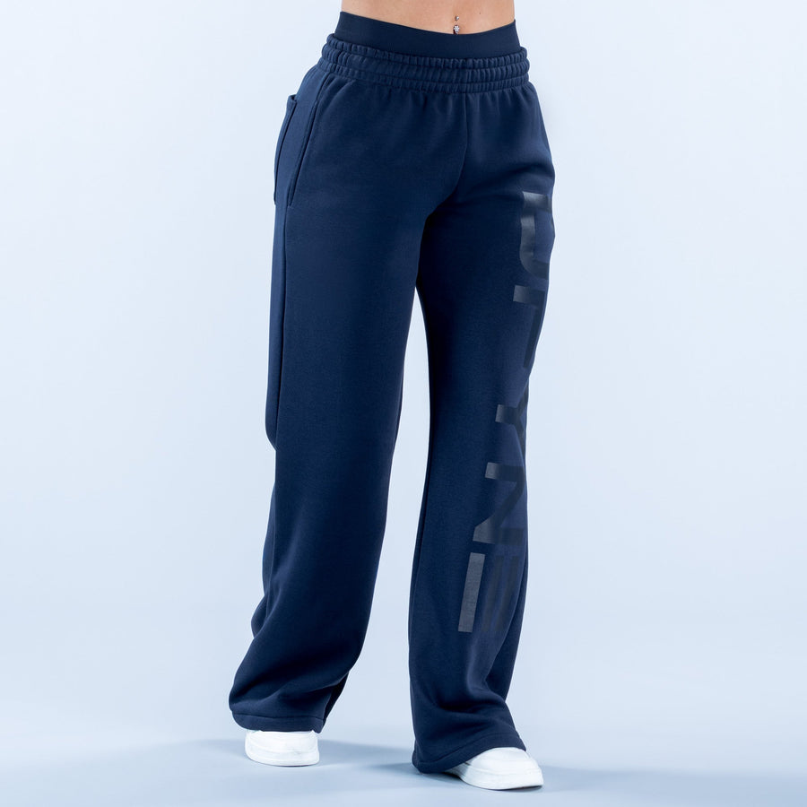 Dark navy wide-leg jogger pants with elastic waistband and side seam pocket