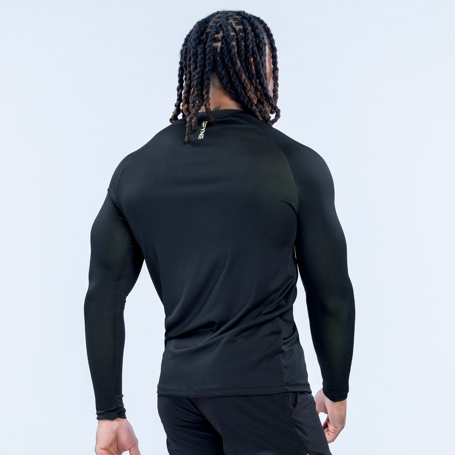 Black long-sleeve training T-shirt from back view, with small back logo.