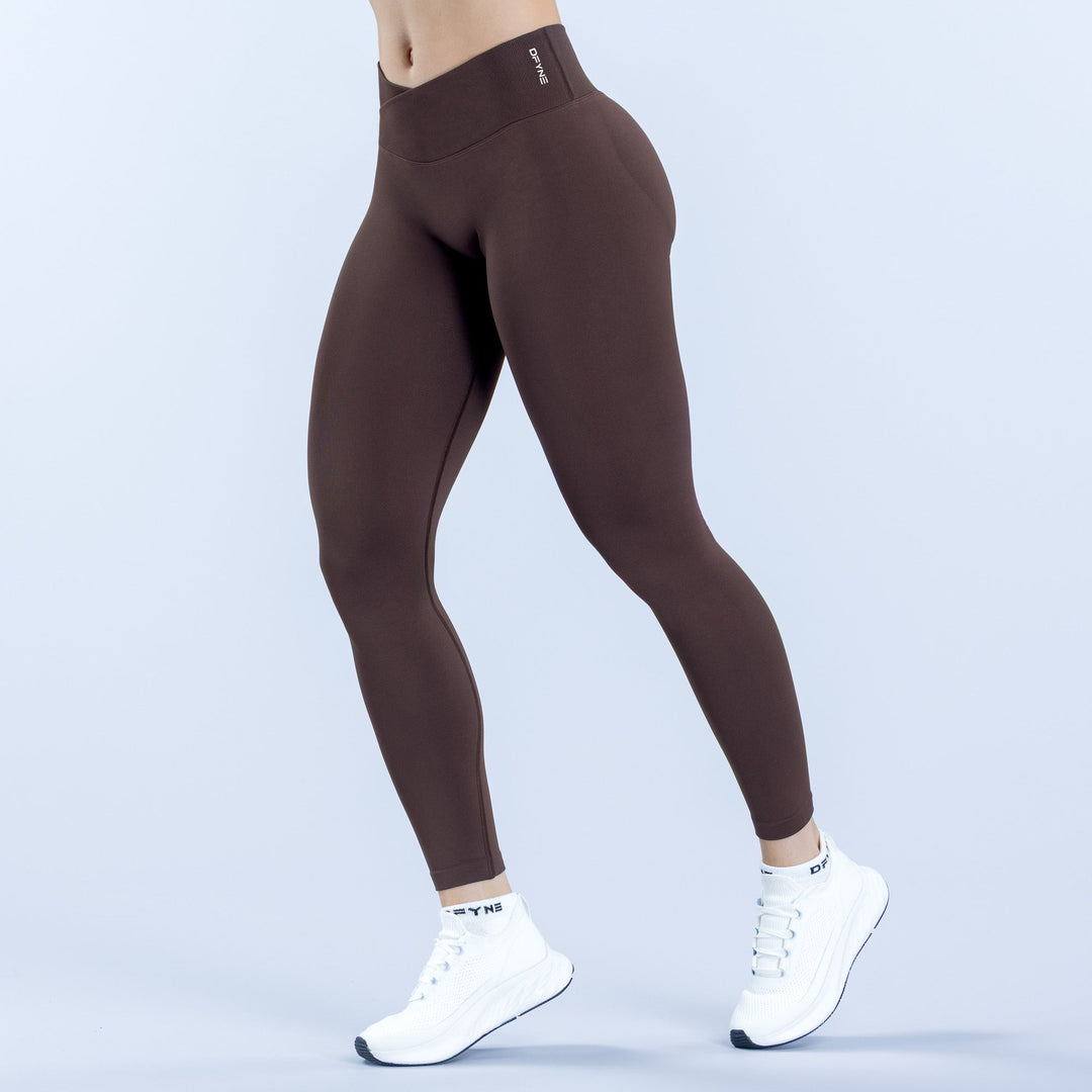 Brown mid-rise leggings with logo waistband, full-length snug fit
