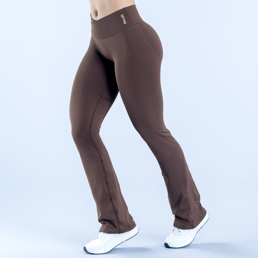 Brown flared leggings, side view, flared at ankles